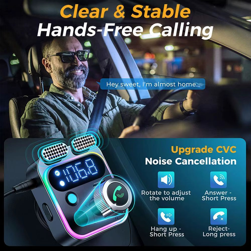 Bluetooth FM Transmitter for Car Radio with Dual Mics for Wireless Hands Free Phone Call MP3 Player Support Fast Charging